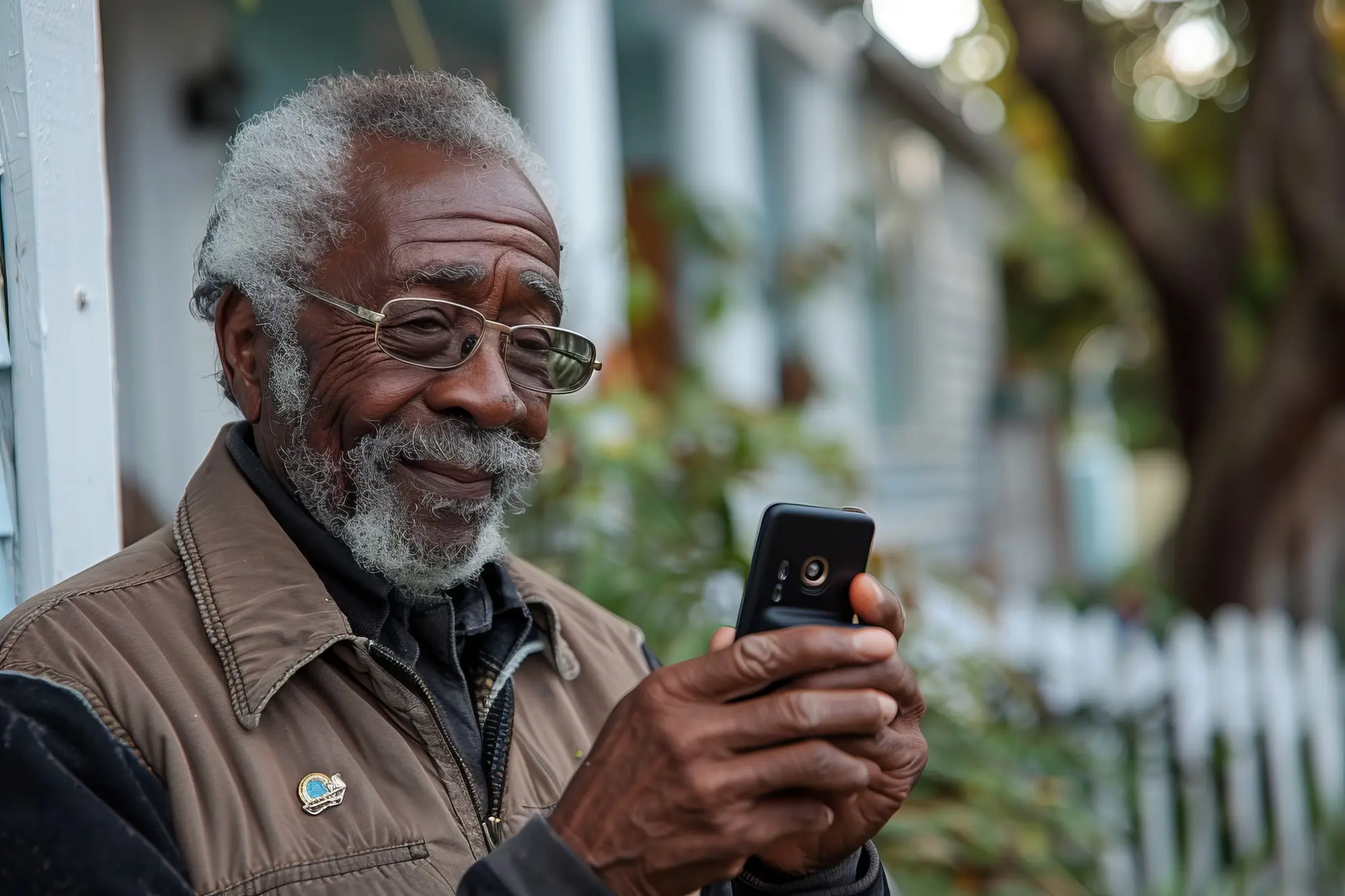 Elderly man wearing glasses smiling while using smartphone outdoors near home